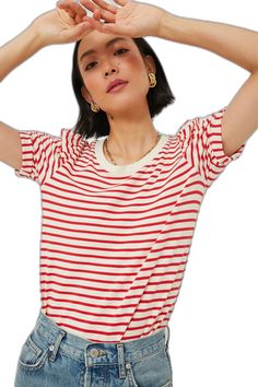 Red Striped Vesty Puff Short Sleeve Crewneck Trendy Red Crew Neck Top, Red Crew Neck Trendy Tops, Red Crew Neck Top With Relaxed Fit, Retro Red Crew Neck Top, Red Relaxed Fit Crew Neck Top, Casual Red Tops For Spring, Red Retro Relaxed Fit Tops, Red Relaxed Fit Top For Summer, Red Relaxed Fit Tops For Everyday