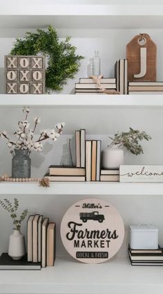 shelves with books, vases and other items on them that say farmer's market