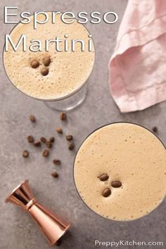 espresso martini in two glasses with coffee beans on the side