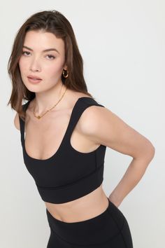 Come a long way. A double-layer bra with front and back scoop neckline and a wide waistband to smooth finish. Made in our 4-way stretch Dream Tech eco-conscious fabrication that is compressive, moisture-wicking, quick-drying, and anti-odor. | Salem Longline Bra in Black Yoga Travel, Rainbow Shop, Longline Bra, Spiritual Gangster, Black Bra, Mens Essentials, Wide Waistband, Eco Conscious, Tank Dress