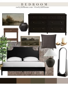 the bedroom is decorated in shades of brown, black and white with neutrals to match