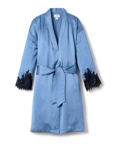 Head to sleep in simple sophistication. This versatile, serene blue Robe is fabricated in 100% Mulberry Silk, offering a cozy feel that gets softer over time.This 22mm mulberry silk has the longest, strongest fibers of any silk. That means smoothness, durability, and a beautiful sheen. The machine-washable silk is inherently breathable, temperature-regulating, and hypoallergenic. In our exquisite sleepwear, you will be tucked in love and off to dreamland. Bridal Slippers, Loungewear Dresses, Lace Slip Dress, Women's Robe, Silk Robe, Lace Slip, Sleepwear & Loungewear, Linen Shop, Silk Twill