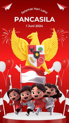 an advertisement for the national day with children running in front of a flag and balloons