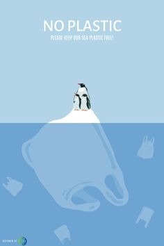 two penguins sitting on top of an iceberg in the ocean with trash floating around