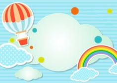 an image of a hot air balloon in the sky with clouds and rainbows around it