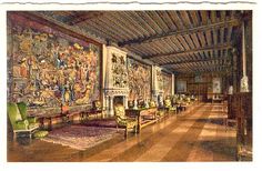 an old drawing of a large room with tapestry on the wall