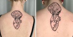 two pictures of the back of a woman's neck with an alien head on it