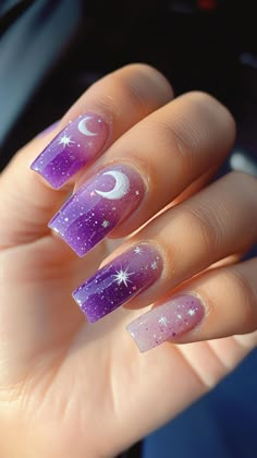 25 Unique Purple Halloween Nails for a Bold and Spooky Look | Lookosm Cute Purple Halloween Nails, Purple Nails With Stars, Purple Spooky Nails, Nail Inspiration Purple, Purple Halloween Nail Designs, Halloween Nails Purple, Holographic Nails Acrylic, Purple Wedding Nails, Purple Halloween Nails