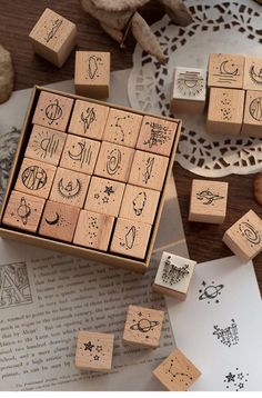 several wooden stamps with different designs on them