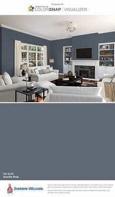 a living room with gray walls and white furniture