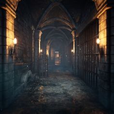 a dimly lit hallway in an old building