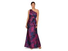 Adrianna Papell One Shoulder Printed Jacquard Cascade Long Gown - Women's Dress : Navy Orchid : With the draped detailing and the cascading feminine side bow, the Adrianna Papell One Shoulder Printed Jacquard Cascade Long Gown keeps your party look intriguing. It is beautifully sculpted in a floral-printed jacquard fabric with an alluring one-shoulder silhouette and gets enhanced by a graceful, full-length mermaid skirt. Zippered back closure. 100% polyester. Dry-clean. Imported. One Shoulder Gown, Winter Wonderland Wedding, Wonderland Wedding, Mermaid Skirt, Long Gown, Jacquard Fabric, Party Looks, Adrianna Papell, Floral Printed