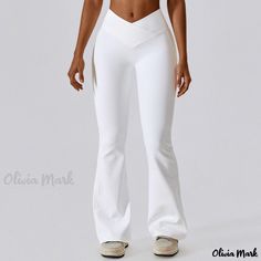 Olivia Mark - Cross High-Waisted Yoga Flare Pants Dance Fitness Wide Leg Pants Casual Butt-Lifting Workout Palazzo Pants High Waist Solid Color Yoga Pants, White Bottoms With Wide Waistband In Elastane, White Yoga Pants Trousers, Elastane Yoga Pants, Fitted High Waist Bottoms In Solid Color, High Stretch High-waisted Pants, High Waist High Stretch Bottoms With Pockets, Athleisure Solid Color Yoga Bottoms, Fitted Yoga Trousers For Sports