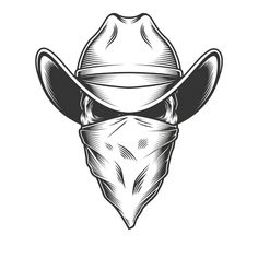 a cow skull wearing a cowboy's hat and bandana on his face with the word