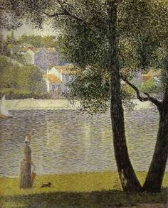 an image of a painting with trees and water in the foreground, on which is a woman standing under a tree