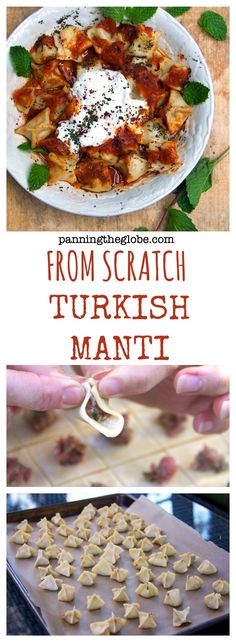 some food that is on top of a pan and in front of the words from scratch to turkish manti