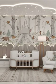 a baby's room with white furniture and wallpaper