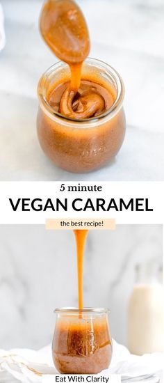 the ingredients for vegan caramel sauce are being poured into a small glass jar