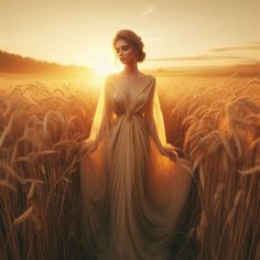 a woman standing in a wheat field at sunset