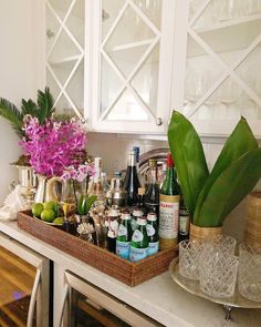 a tray filled with bottles and glasses sitting on top of a counter next to a potted plant