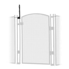 a white gate with a black handle on it