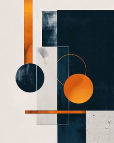 an abstract painting with orange and black circles on white, blue, and grey squares