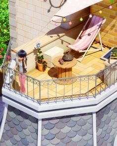 an aerial view of a balcony with chairs, tables and umbrellas on the roof