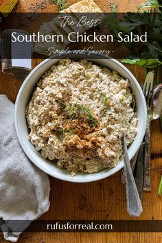 the best southern chicken salad recipe is in a bowl with spoons and utensils