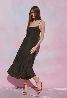 Ciao Lucia | Cristina Dress Matte Black Satin Dress With Straight Neckline For Summer, Black Satin Dress With Straight Neckline, Black Midi Dress With Adjustable Straps For Daywear, Chic Black Satin Maxi Dress, Summer Satin A-line Midi Dress, Chic Black Maxi Satin Dress, Spring Midi Dress With Straight Neckline In Satin, Black Maxi Dress With Spaghetti Straps And Bias Cut, Black Maxi Dress With Bias Cut And Spaghetti Straps