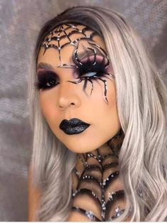 Spider Lady Makeup, Spider Makeup Looks Halloween, Spider Themed Makeup, Halloween Spider Makeup Looks, Spider Glam Makeup, Deer Halloween Makeup, Fairy Halloween Makeup, Alien Halloween Makeup, Spider Web Make Up Eye Makeup