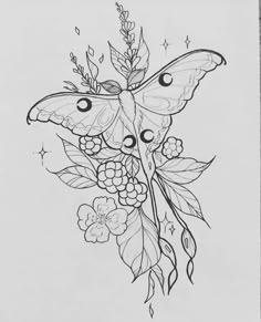 a drawing of a butterfly with flowers and leaves on it's back side, in black and white