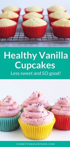 healthy vanilla cupcakes with pink frosting and sprinkles on top