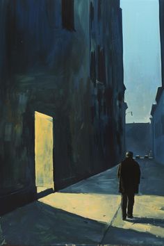 a painting of a man walking down an alley way in the city with tall buildings