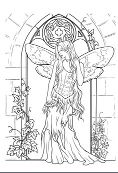 a fairy coloring page with a girl holding a flower in front of a stained glass window