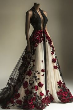 Gothic Wedding Dress Red, Black Red And White Wedding Dress, Red White And Black Wedding Dress, Dress Bodice, White And Black Wedding Dresses, Wedding Dresses Black And Red, Dress With Flowers On It, Crimson Wedding Dress, Interesting Dresses