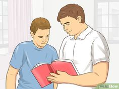 two men are looking at a book together