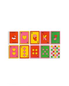 a set of nine playing cards with different designs and shapes on each card, including the letter k