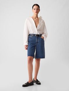 11.5" Mid Rise Longline Denim Shorts Jean Bermuda Shorts Outfit, Long Jean Shorts Outfit, Long Denim Shorts Outfit, Bermuda Shorts Outfit, Knee Length Denim Shorts, Long Jean Shorts, Long Denim Shorts, Denim Shorts Outfit, Off Duty Outfits