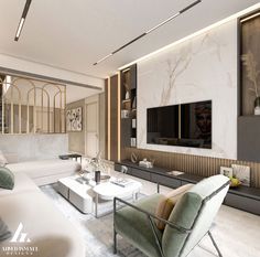 a modern living room with white furniture and marble walls