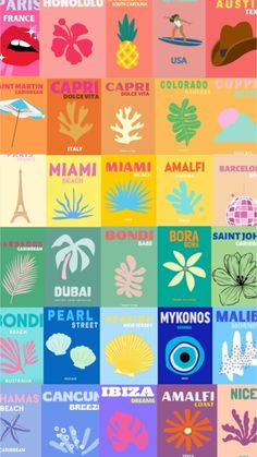 many different types of posters with the words miami and other countries on them, all in different