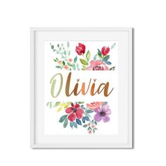 the personalized name art print with watercolor flowers in gold, pink and green