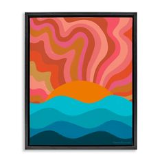 an abstract painting with waves and sun in the background on a black framed wall hanging