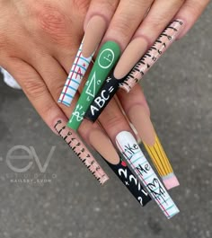 School Theme Nails, School Acrylic Nails, School Themed Nails, Hypebeast Nails, Notebook Nails, Word Nails, Graphic Nails, Detailed Nails, Nail Cartoon