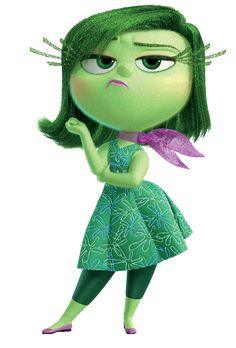 a cartoon character with green hair holding a purple flower in her hand and looking at the camera