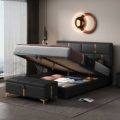 a bed that is in the middle of a room with a pull out bed frame