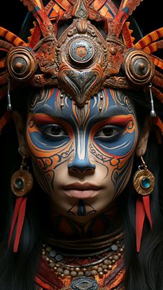 a woman with blue and orange face paint on her face, wearing an elaborate headdress