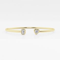 1/2 ctw Emerald and Heart Lab Grown Diamond Open Bangle Bracelet - 7 Inches 14K Yellow Gold FG, VS2+ Open Bangle Bracelet, Pearl And Diamond Earrings, Open Bangle, Pearl Diamond, Matching Bracelets, 2 Carat, Diamond Heart, Bangle Bracelet, Rhodium Plated