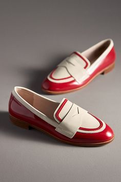 Buttery patent leather and graphic details give these of-the-moment loafers a distinctive edge. | Cecelia New York Kali Flats by Cecilia New York in Red, Women's, Size: 7, Leather at Anthropologie Red Loafers Women, Kitch Style, Red Loafers, True Winter, Flat Heel Boots, Flat Wedges, Womens Summer Shoes, Patent Leather Shoes, Flats Shoes