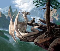 a painting of a man sitting on top of a giant dragon next to a mountain