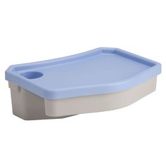 a blue and white plastic tray with handles